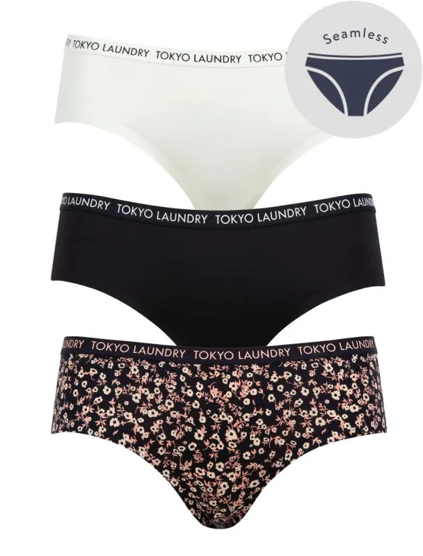 Minerva (3 Pack) Floral Print No VPL Seam Free Assorted Briefs In Egret Ivory / Jet Black / Dress Blue - Tokyo Laundry sold by Tokyo Laundry
