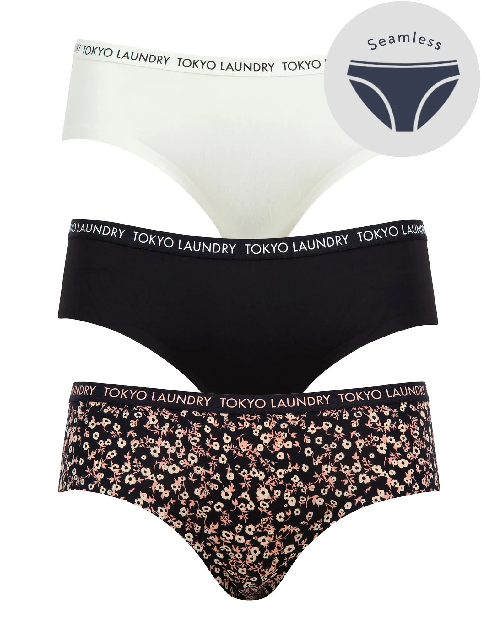 Minerva (3 Pack) Floral Print No VPL Seam Free Assorted Briefs In Egret Ivory / Jet Black / Dress Blue - Tokyo Laundry sold by Tokyo Laundry