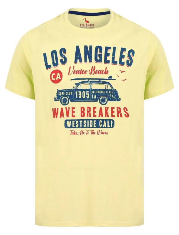 Wave Breakers Motif Cotton Jersey T-Shirt in Pastel Yellow - South Shore sold by Tokyo Laundry