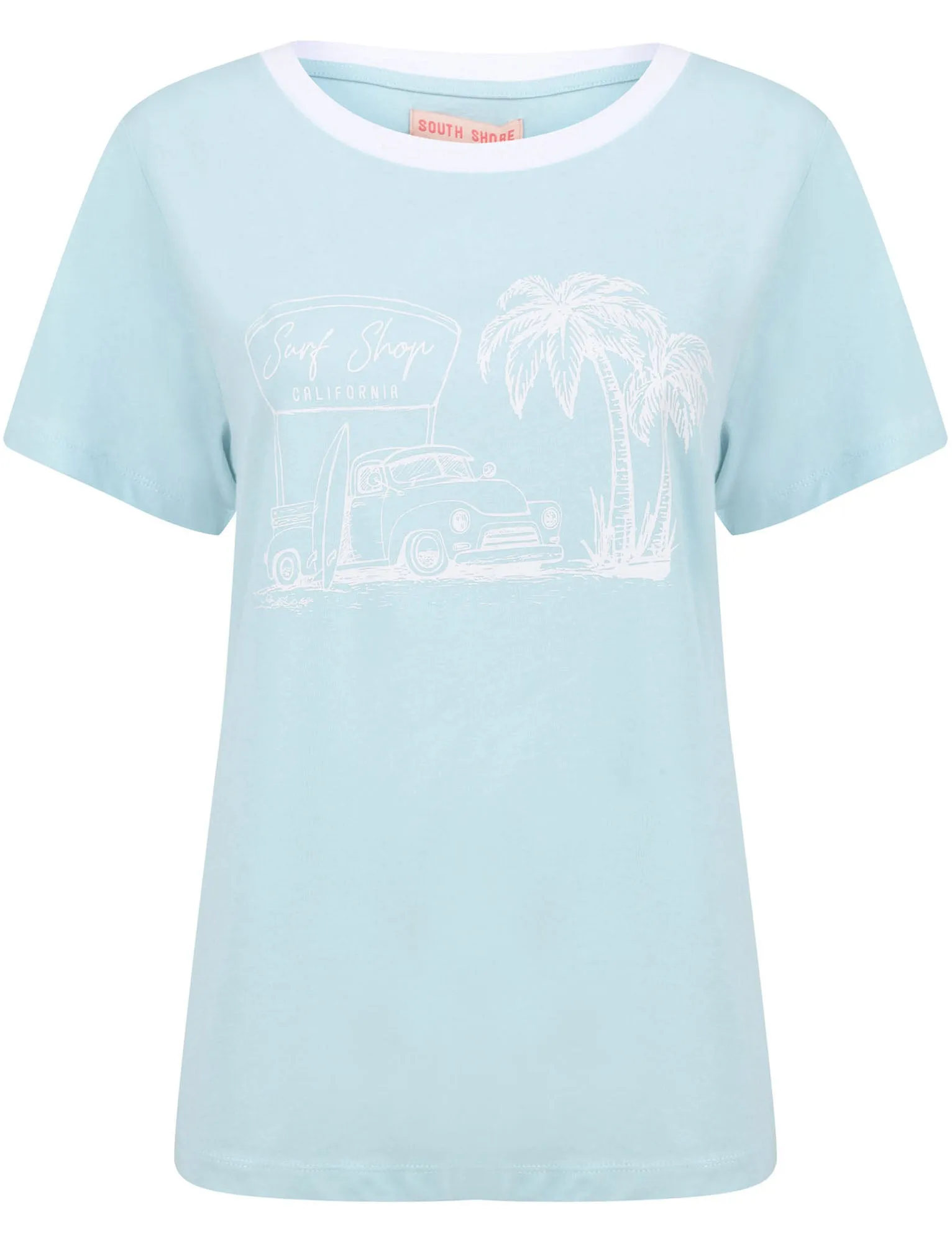 Surf Shop Motif Cotton Ringer T-Shirt in Corydalis Blue - South Shore sold by Tokyo Laundry
