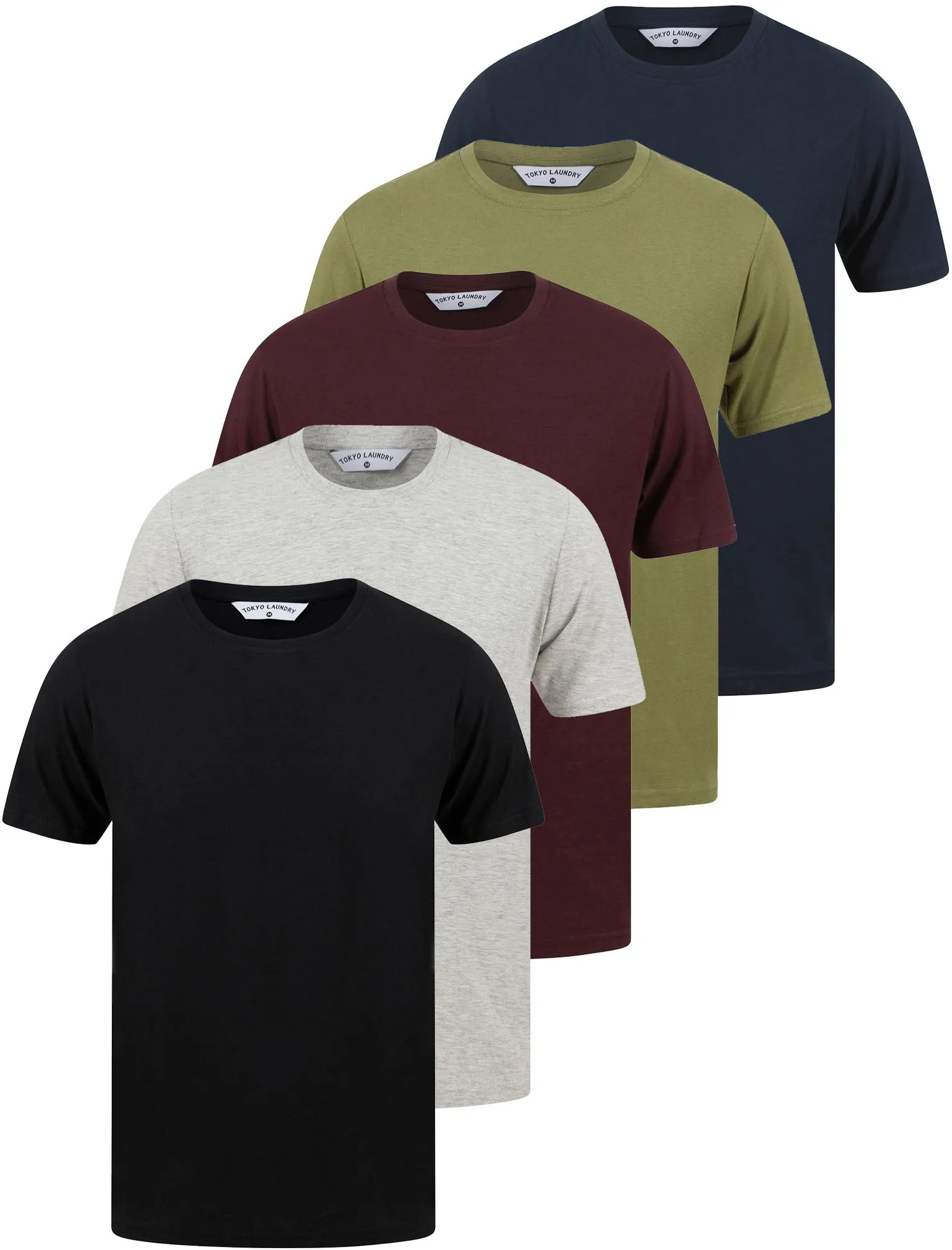 Spectre (5 Pack) Crew Neck Cotton T-Shirts in Black / Light Grey Marl / Winetasting / Lichen Green / Navy - Tokyo Laundry sold by Tokyo Laundry