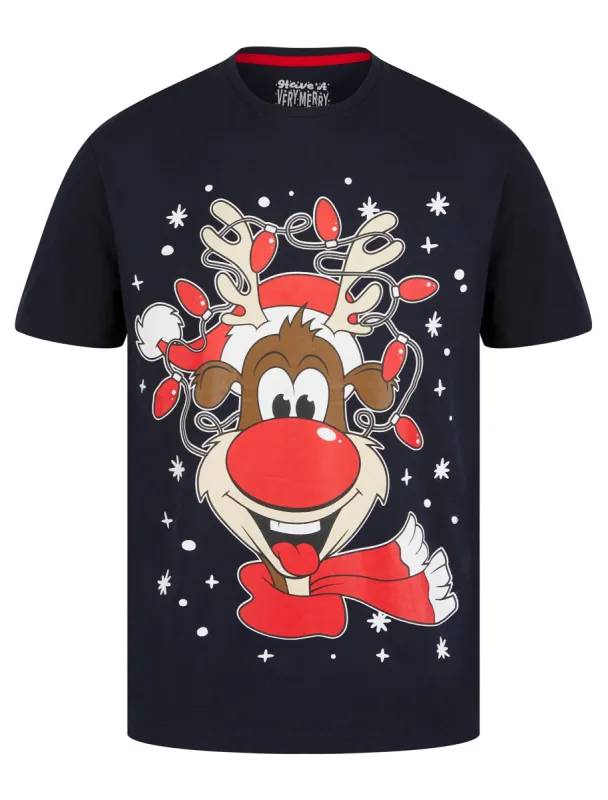 Men's Rudolph 23 Snowflake Motif Novelty Cotton Christmas T-Shirt in Sky Captain Navy - Merry Christmas sold by Tokyo Laundry