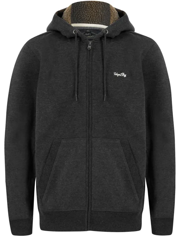Descent Basic Zip Through Fleece Hoodie with Borg Lined Hood In Charcoal Marl - Tokyo Laundry sold by Tokyo Laundry