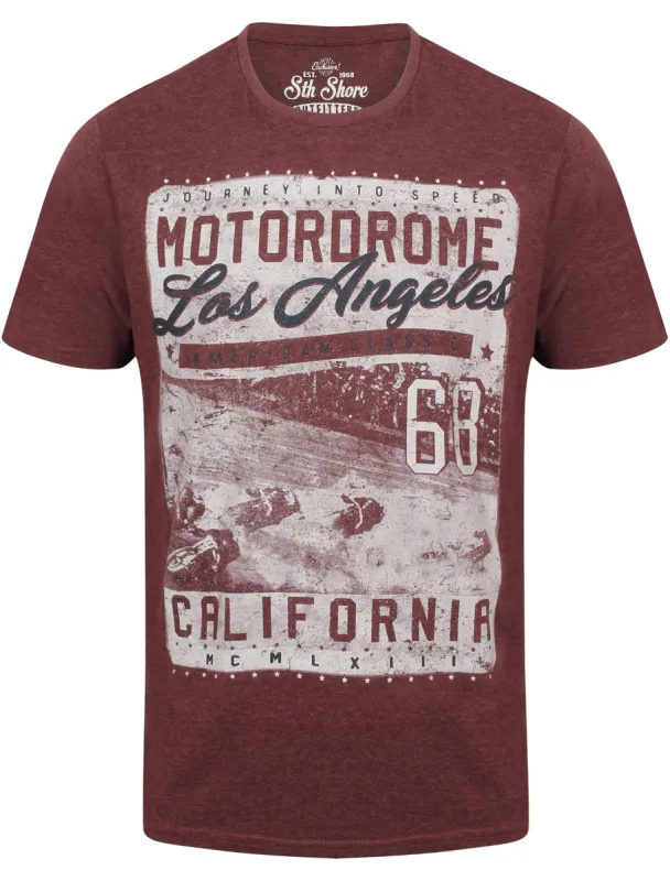 Motordrome Crew Neck T-Shirt with Motif in Bordeaux Marl - South Shore sold by Tokyo Laundry