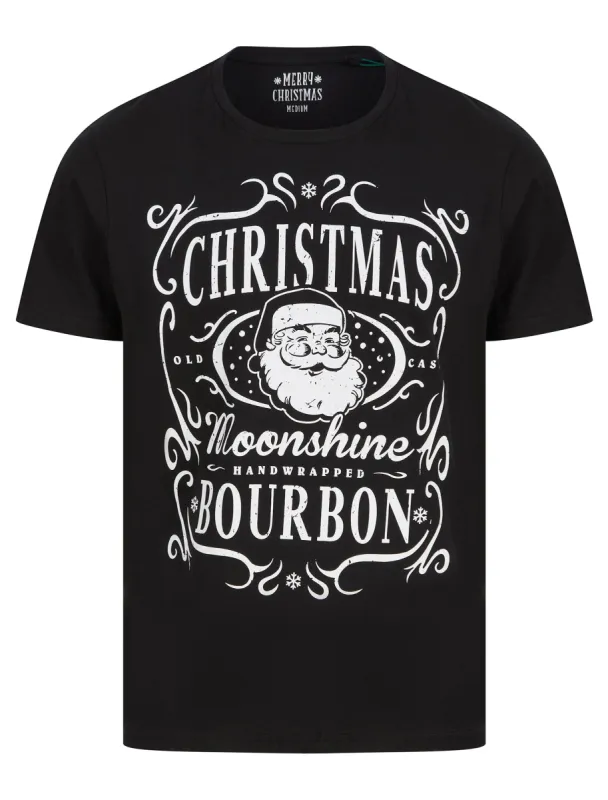Men's Xmas Bourbon Motif Novelty Cotton Christmas T-Shirt in Jet Black - Merry Christmas sold by Tokyo Laundry