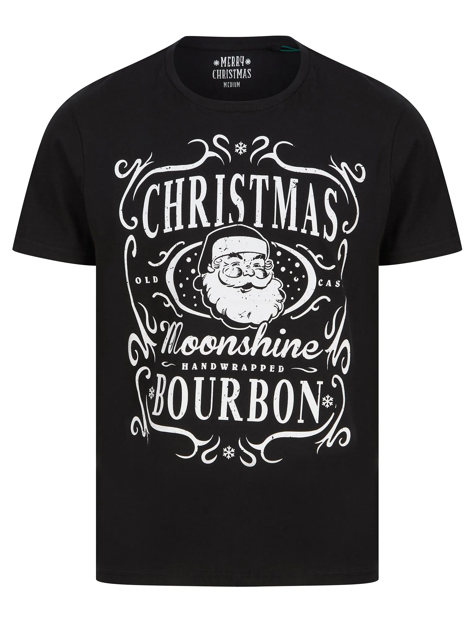 Men's Xmas Bourbon Motif Novelty Cotton Christmas T-Shirt in Jet Black - Merry Christmas sold by Tokyo Laundry