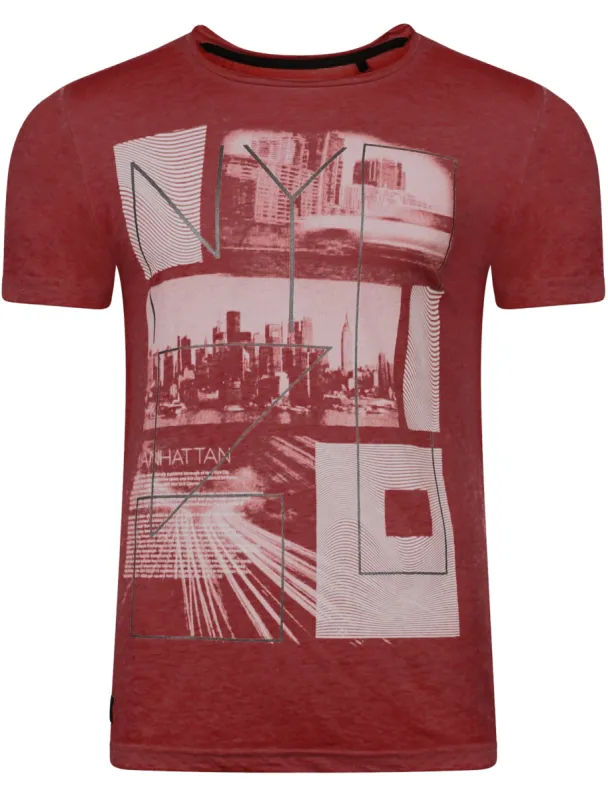 Manhatburn Motif Burnout T-Shirt in Bordeaux - Dissident sold by Tokyo Laundry