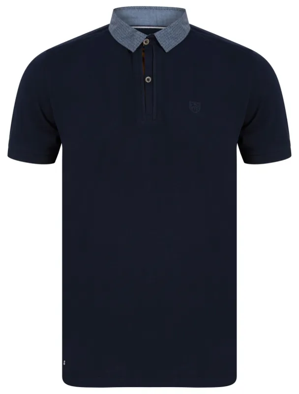 Pastor Cotton Pique Polo Shirt with Pattern Chambray Collar in Sky Captain Navy - Kensington Eastside sold by Tokyo Laundry