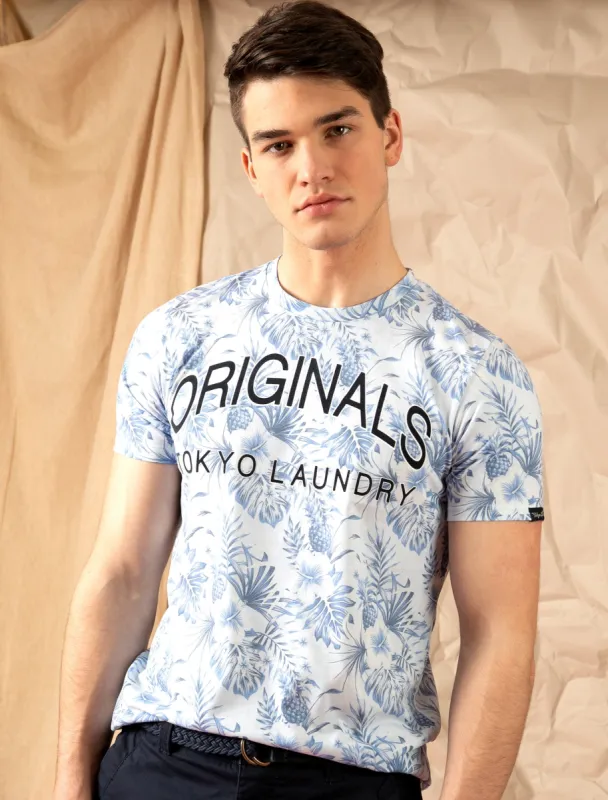 Kahaluu Motif Palm Print Cotton Jersey T-Shirt in Plein Air Blue - Tokyo Laundry sold by Tokyo Laundry
