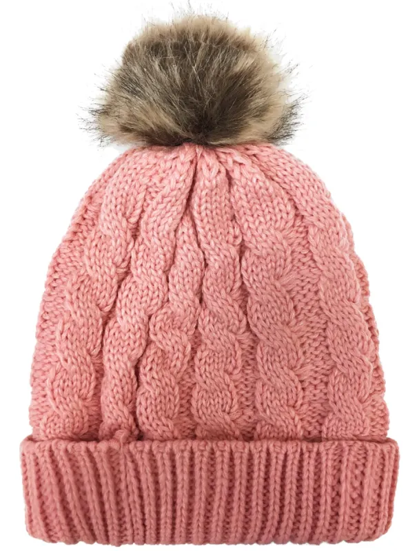Devin Borg Lined Cable Knit Bobble Hat in Dusty Pink sold by Tokyo Laundry
