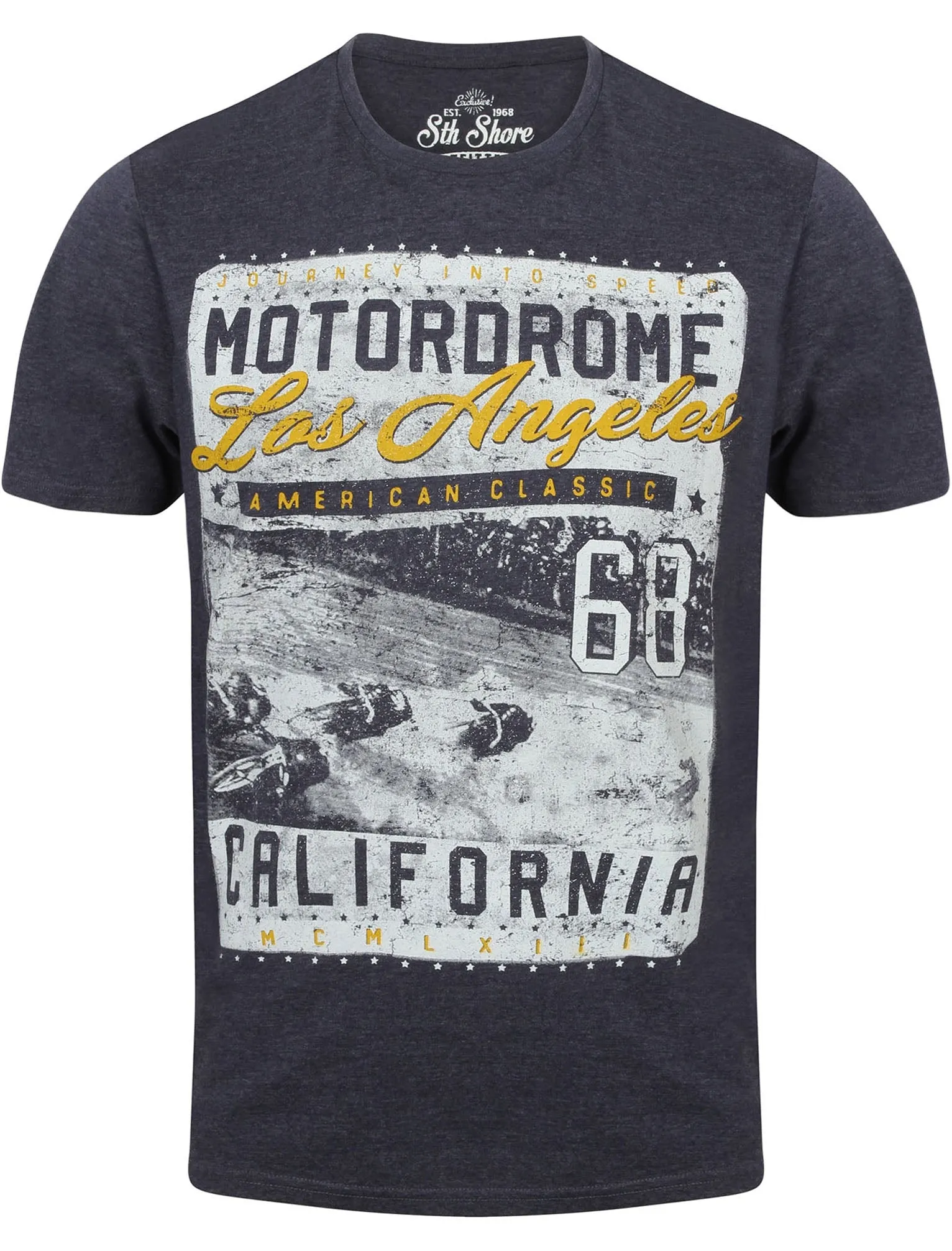 Motordome Crew Neck T-Shirt with Motif in Mood Indigo Marl - South Shore sold by Tokyo Laundry
