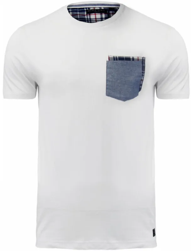Clover Cotton T-Shirt with Chambray / Checked Chest Pocket in White sold by Tokyo Laundry