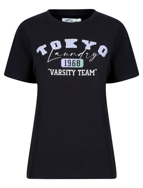 Varsity Motif Cotton Jersey T-Shirt in Jet Black - Tokyo Laundry sold by Tokyo Laundry