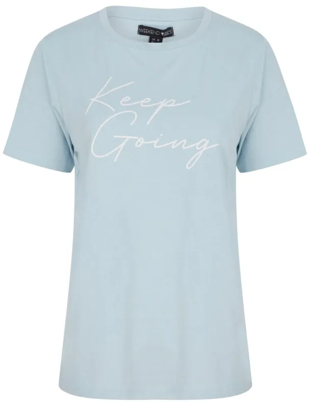 Keep Going Motif Cotton Jersey T-Shirt in Celestial Blue - Weekend Vibes made by Tokyo Laundry