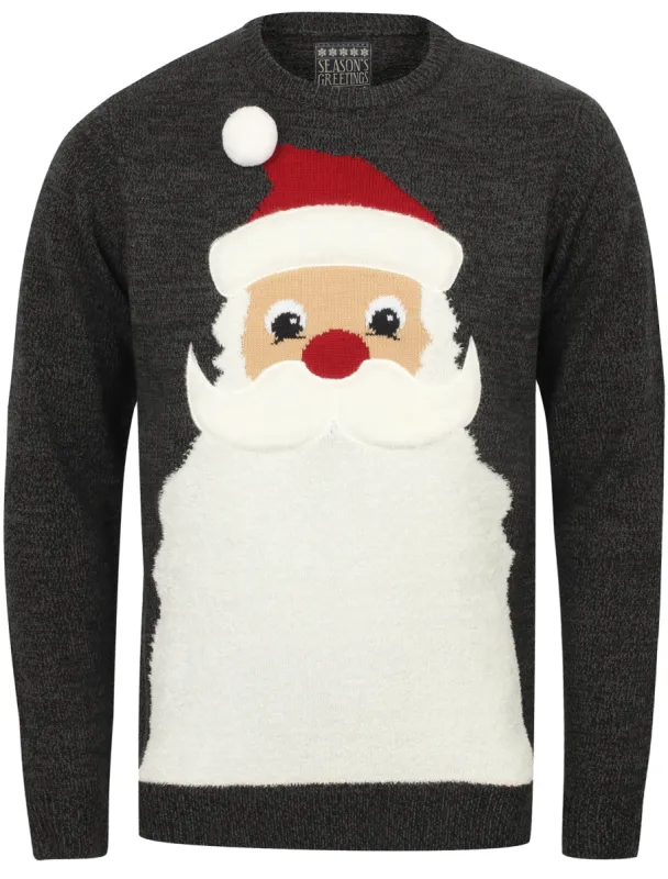 Santa Beard Crew Neck Christmas Jumper In Black / Castlerock - Season's Greetings sold by Tokyo Laundry