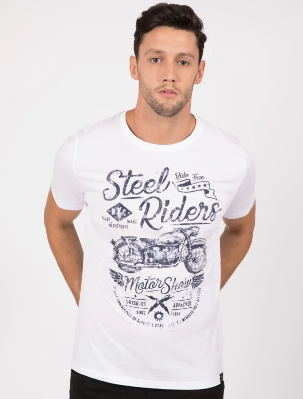 Steel Riders Motif Cotton Crew Neck T-Shirt In Optic White - Tokyo Laundry sold by Tokyo Laundry
