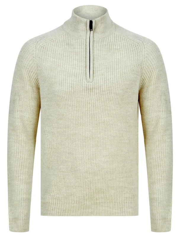 Asteroid Half Zip Funnel Neck Wool Blend Knitted Jumper in Oatgrey Marl - Dissident sold by Tokyo Laundry