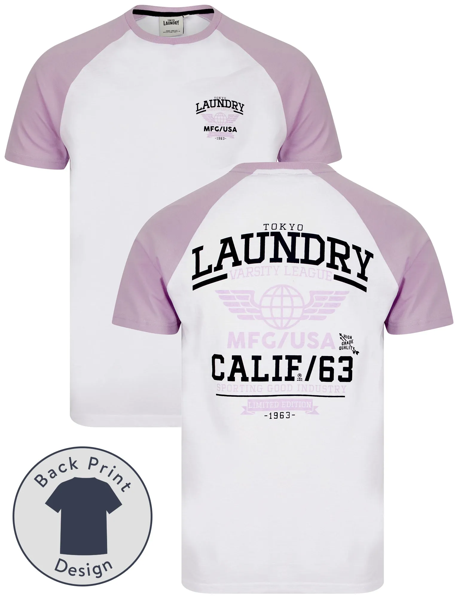 Makita Baseball Style Raglan Sleeve Cotton Jersey Crew Neck T-Shirt in Lilac Breeze - Tokyo Laundry sold by Tokyo Laundry