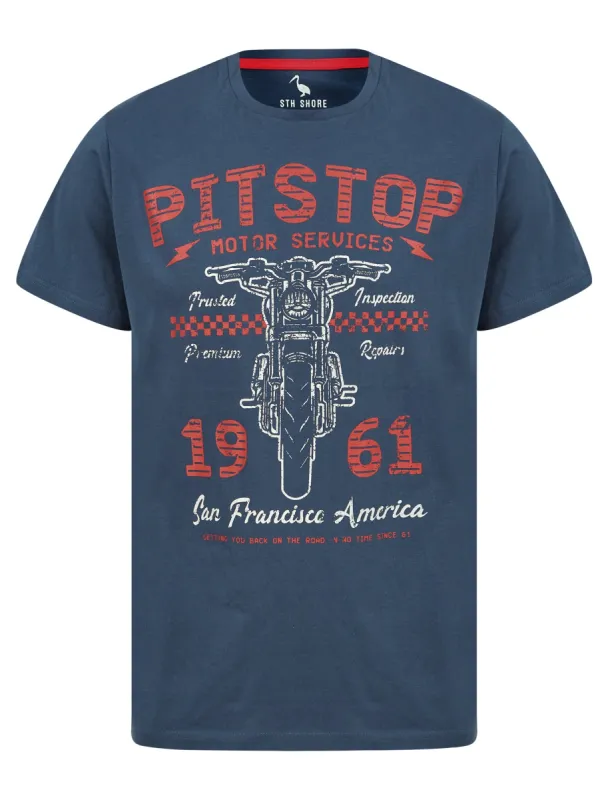 Pitstop Motif Cotton Jersey T-Shirt in Insignia Blue - South Shore sold by Tokyo Laundry