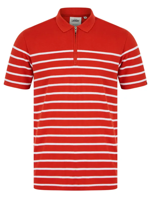 Wick Yarn Dyed Stripe Cotton Pique Zip Fasten Polo Shirt in Ketchup - Tokyo Laundry sold by Tokyo Laundry