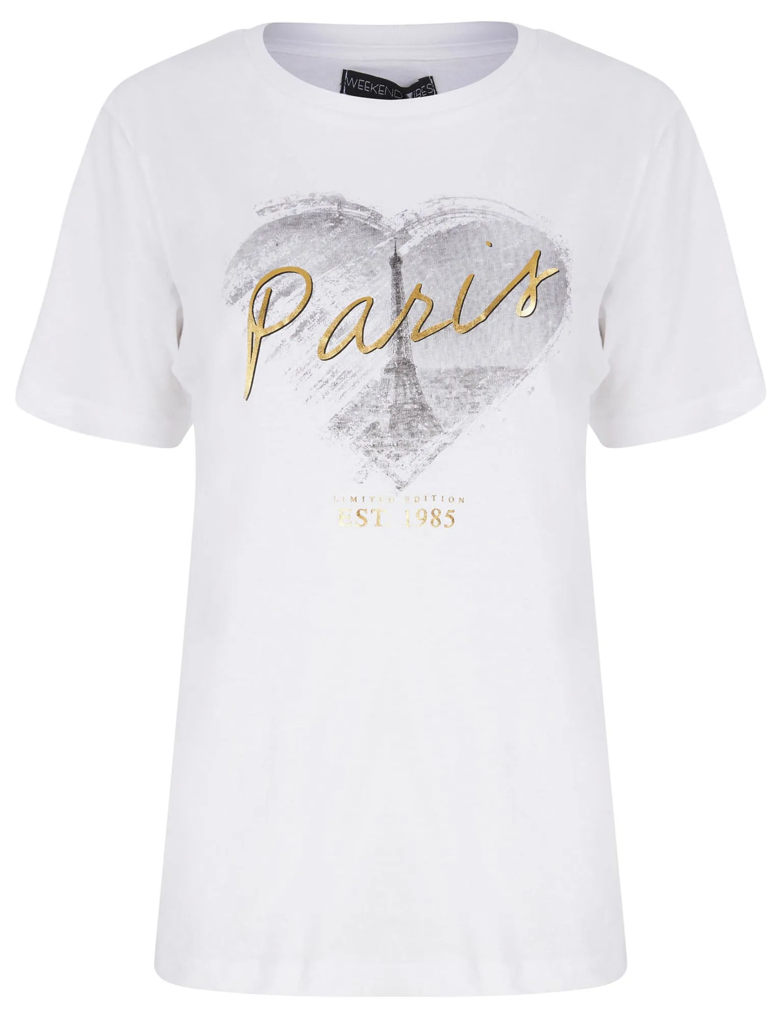 Heart Paris Motif Cotton T-Shirt with Gold Foil Detail in Optic White - Weekend Vibes sold by Tokyo Laundry