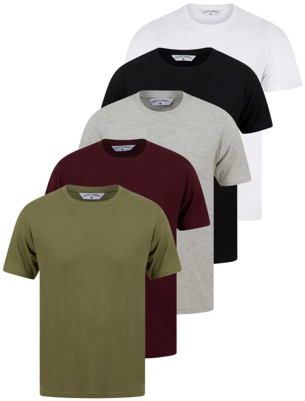Spectre (5 Pack) Crew Neck Cotton T-Shirts in Black / Light Grey Marl / Winetasting / Lichen Green / Bright White - Tokyo Laundry sold by Tokyo Laundry