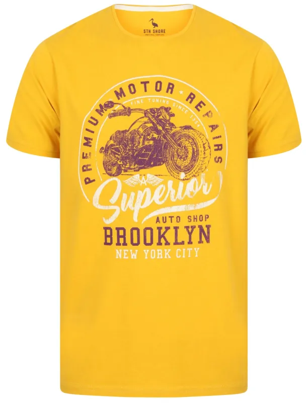 Auto Shop Motif Cotton T-Shirt In Yolk Yellow - South Shore sold by Tokyo Laundry
