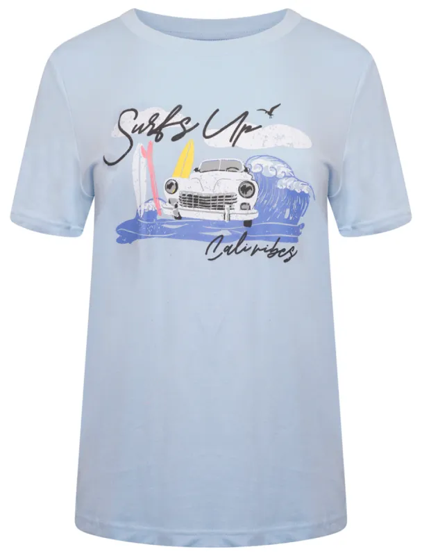 Surfs Up Motif Cotton Crew Neck T-shirt in Angel Falls Blue - South Shore sold by Tokyo Laundry
