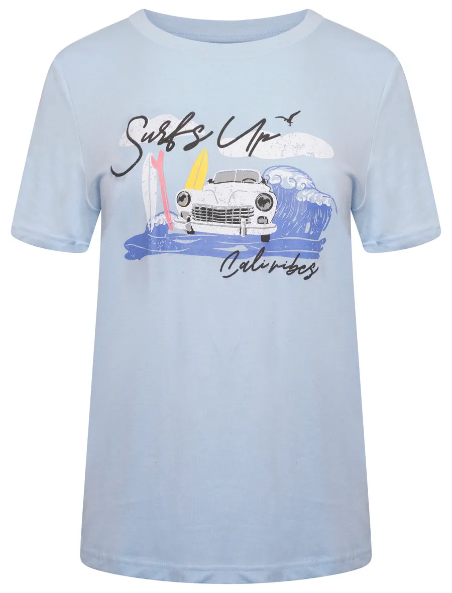 Surfs Up Motif Cotton Crew Neck T-shirt in Angel Falls Blue - South Shore sold by Tokyo Laundry
