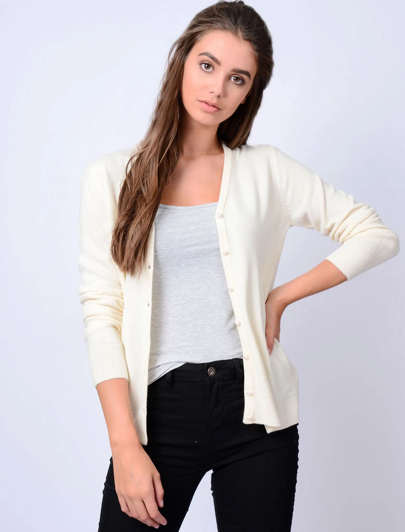 Monet V Neck Button Up Cardigan in Clean Cream - Plum Tree sold by Tokyo Laundry