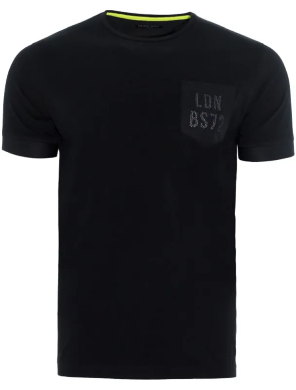 Ortiz Cotton T-Shirt with Perforated Chest Pocket in Black sold by Tokyo Laundry