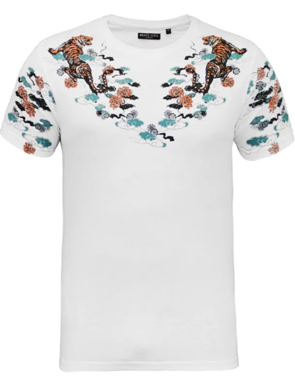 Gozen Tiger Print Crew Neck T-Shirt in White sold by Tokyo Laundry