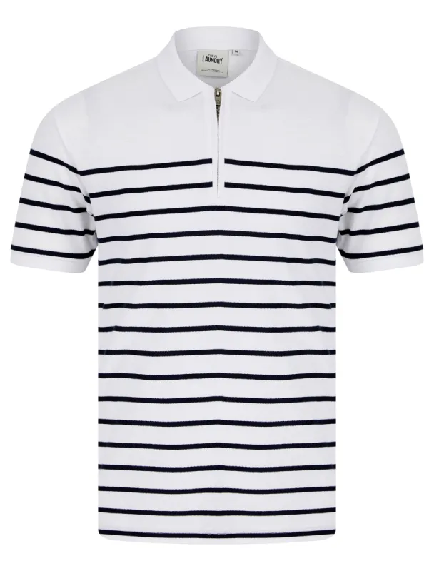 Wick Yarn Dyed Stripe Cotton Pique Zip Fasten Polo Shirt in Optic White - Tokyo Laundry sold by Tokyo Laundry
