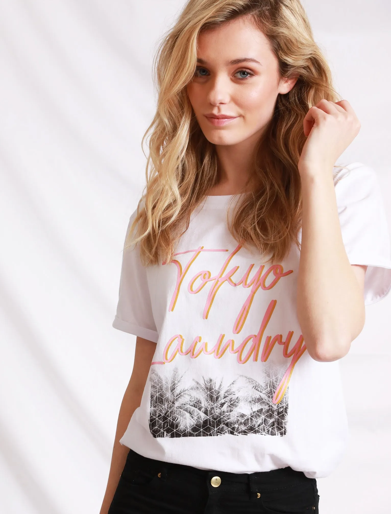 Womens Cotton T-Shirt with Turn-Up Sleeves In Optic White - Tokyo Laundry sold by Tokyo Laundry