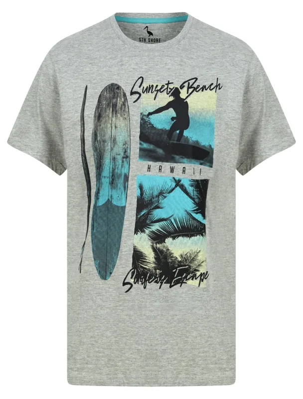 Sunset Beach Motif Cotton Jersey T-Shirt in Light Grey Marl - South Shore sold by Tokyo Laundry