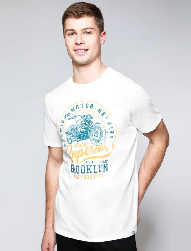 Auto Shop Motif Cotton T-Shirt In Snow White - South Shore sold by Tokyo Laundry