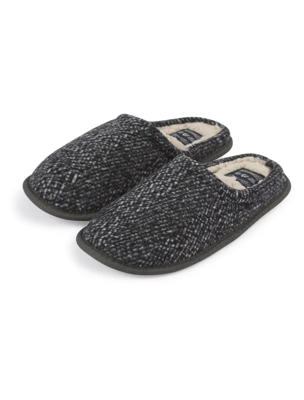 Chuck Faux Wool Mule Slippers with Sherpa Fleece Lining in Grey Herringbone - Tokyo Laundry sold by Tokyo Laundry
