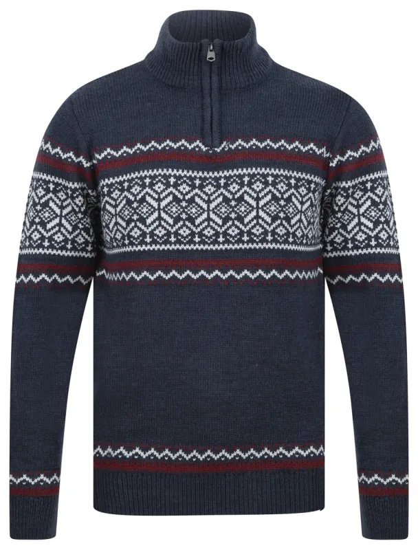 Elderside Quarter Zip Fairisle Knit Funnel Neck Jumper in Dark Denim Marl - Kensington Eastside sold by Tokyo Laundry