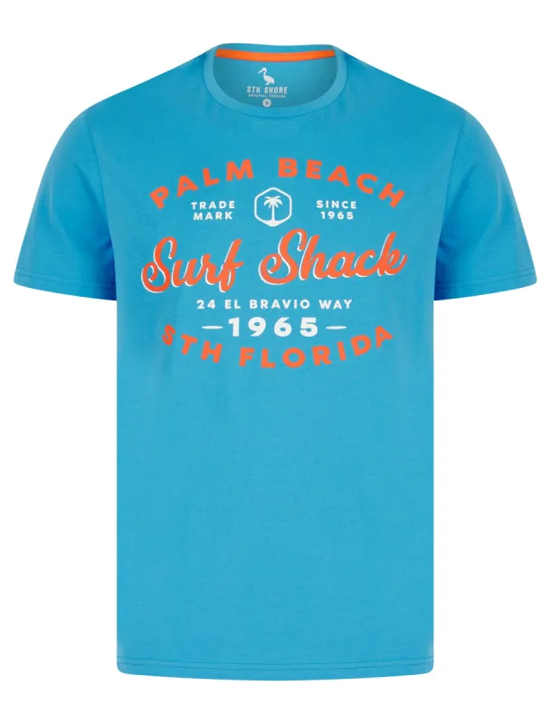 Palm Beach 2 Motif Cotton Jersey T-Shirt in Malibu Blue - South Shore sold by Tokyo Laundry