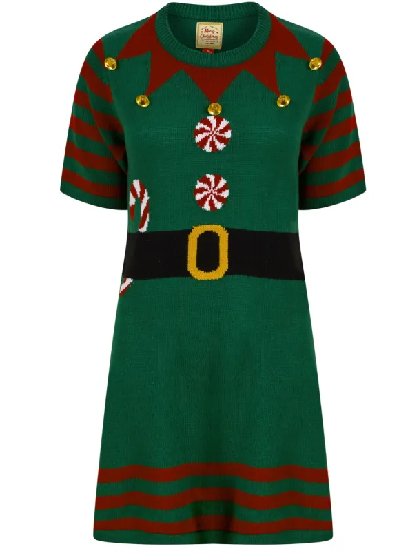 Women’s Elf Dress Novelty Knitted Christmas Jumper Skater Dress in Green - Merry Christmas sold by Tokyo Laundry