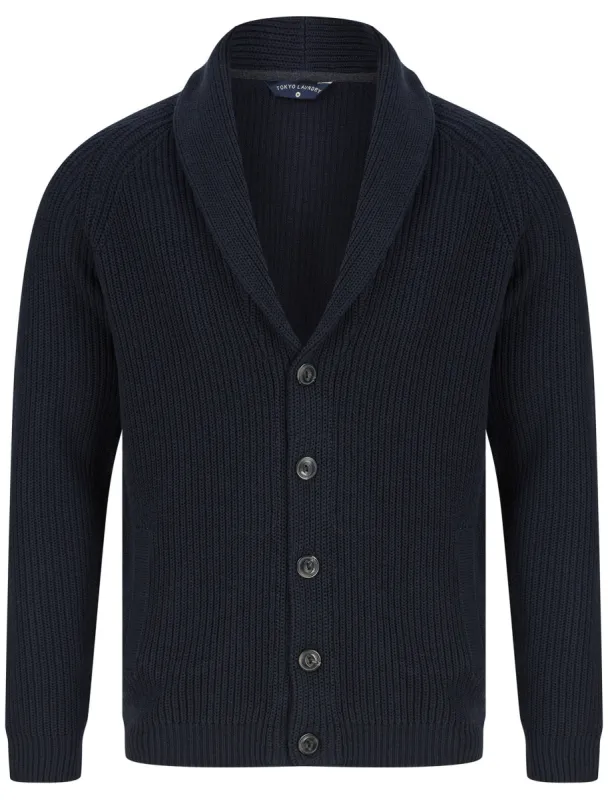 Biel Rib Knit Cotton Rich Shawl Neck Cardigan in Navy - Tokyo Laundry sold by Tokyo Laundry