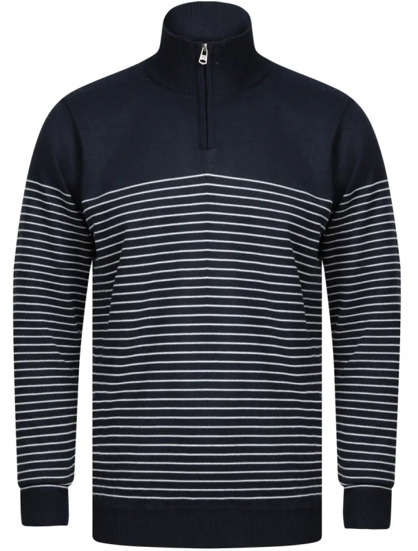 Humphrey Striped Half Zip Neck Knit Jumper in Dark Navy - Kensington Eastside made by Tokyo Laundry