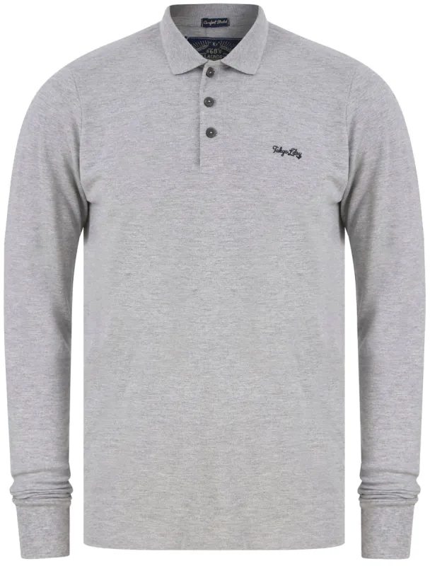 Seathwaite Long Sleeve Cotton Pique Polo Shirt in Light Grey Marl - Tokyo Laundry sold by Tokyo Laundry