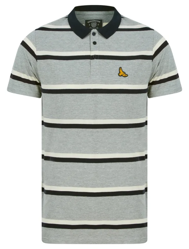 Stockwell Striped Cotton Pique Polo Shirt in Light Grey Marl - Kensington Eastside sold by Tokyo Laundry