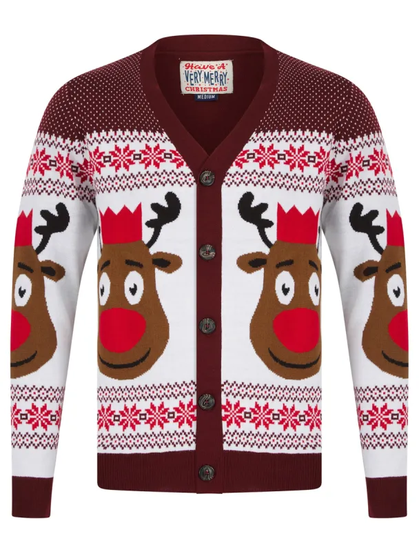 Men's Rudolphs Cardi Wallpaper Print Novelty Knitted Christmas Cardigan in Claret - Merry Christmas sold by Tokyo Laundry