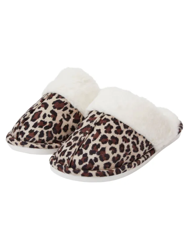 Bogota Faux Suede Mule Slippers with Faux Fur Lining & Trim in Beige Leopard - Tokyo Laundry sold by Tokyo Laundry