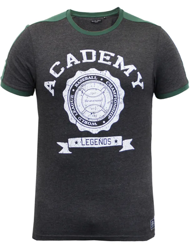 Satori Baseball Motif Crew Neck Ringer T-Shirt in Charcoal Marl sold by Tokyo Laundry