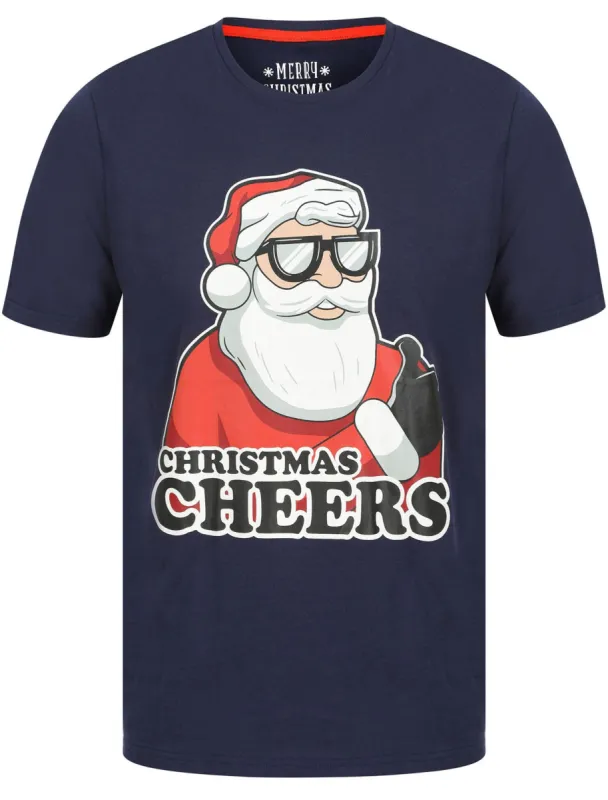 Thumbs Up Motif Novelty Cotton Christmas T-Shirt in Eclipse Blue - Merry Christmas sold by Tokyo Laundry