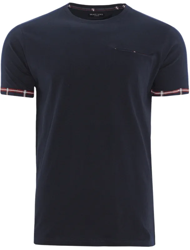 Chant Crew Neck T-shirt With Checked Print Pocket in Navy sold by Tokyo Laundry