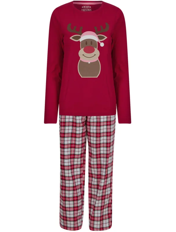 Women's Rudolph Motif 2pc Lounge Pyjama Set in Red / Red White Check - Merry Christmas sold by Tokyo Laundry